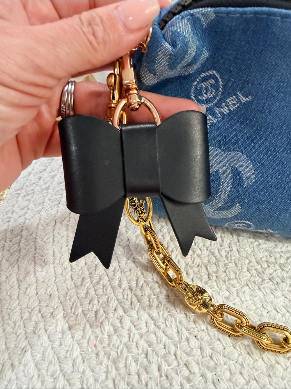 NEW | Blue Denim Logo Cosmetic Pouch with Gold-Tone Chain Strap & Bow Charm - Picture 4 of 9